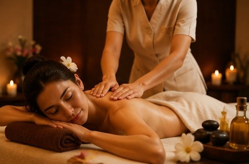 Therapist giving a gentle full body relaxation massage in a candlelit room in Calangute, Goa
