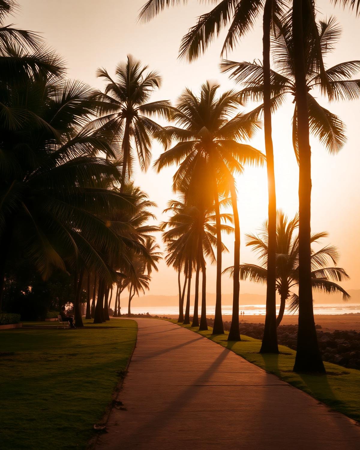 Palm-lined coastal path near Calangute beach at golden hour
