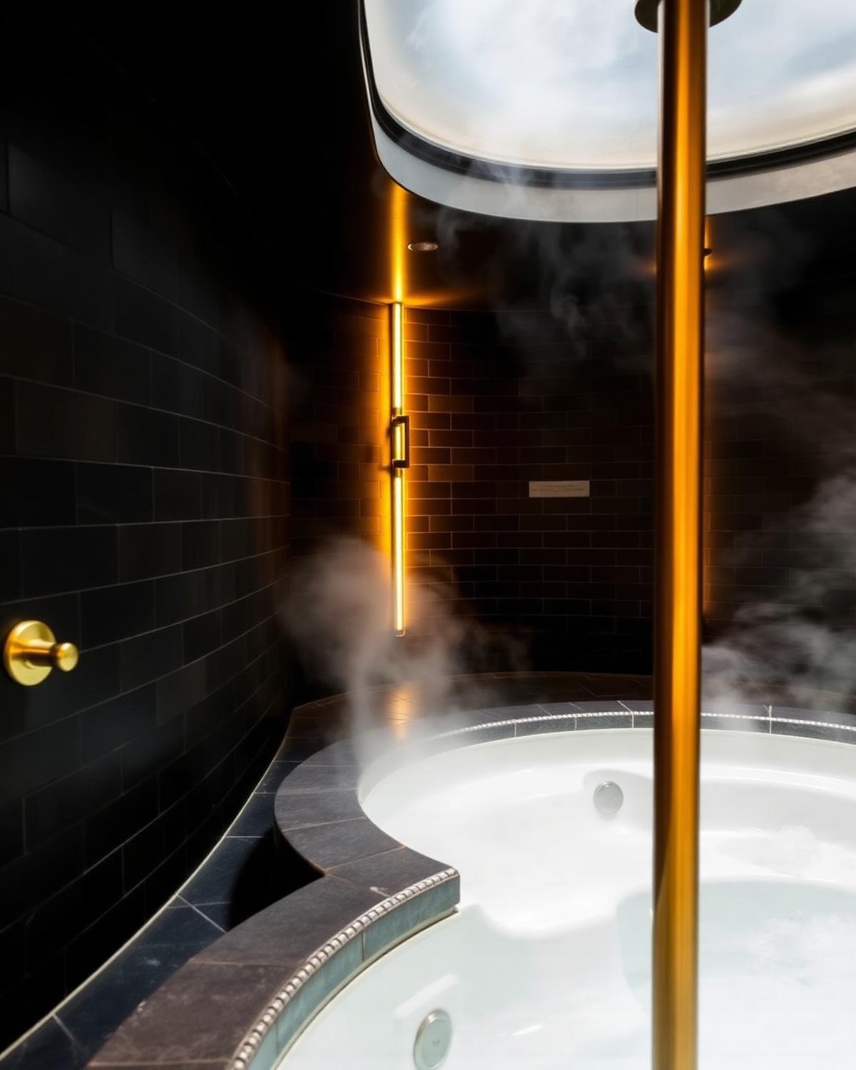 Steam room and jacuzzi with dark slate tiles and brass fittings