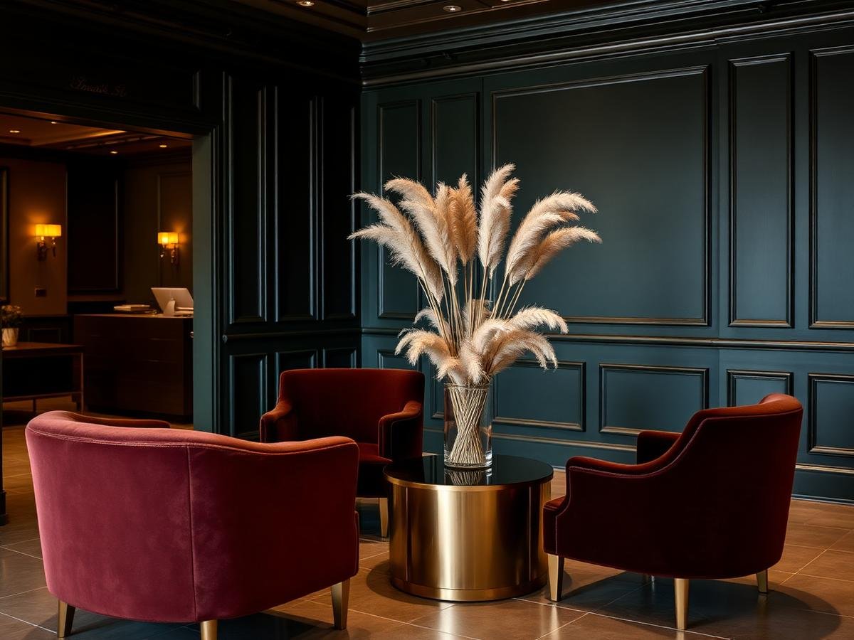 Spa reception lounge with velvet armchairs and brass detailing
