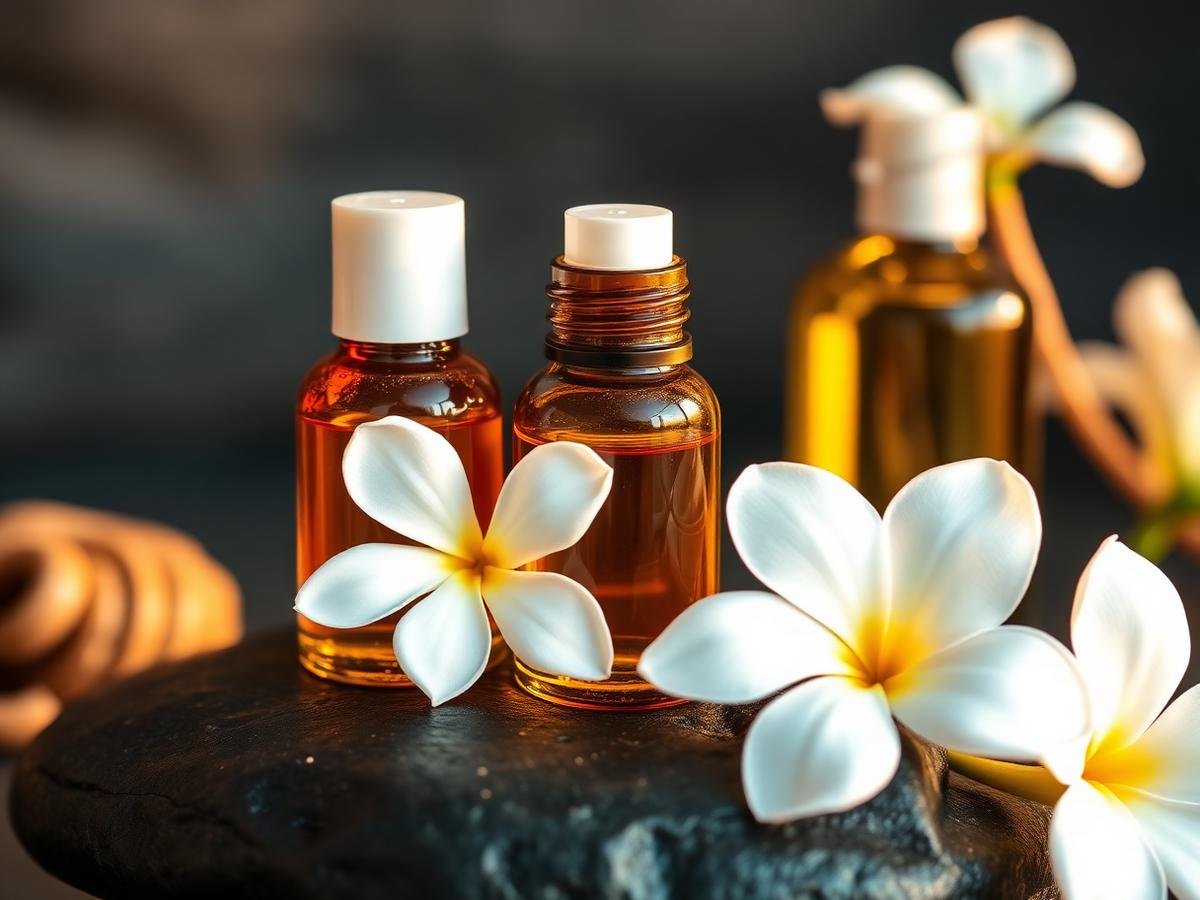 Aromatic massage oils in amber glass bottles with frangipani flowers