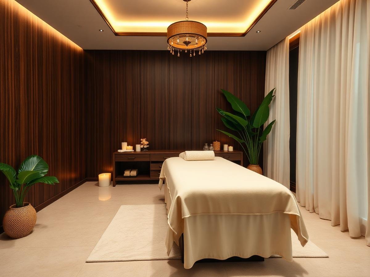 Candlelit private treatment room with cream linens and dark teak panelling