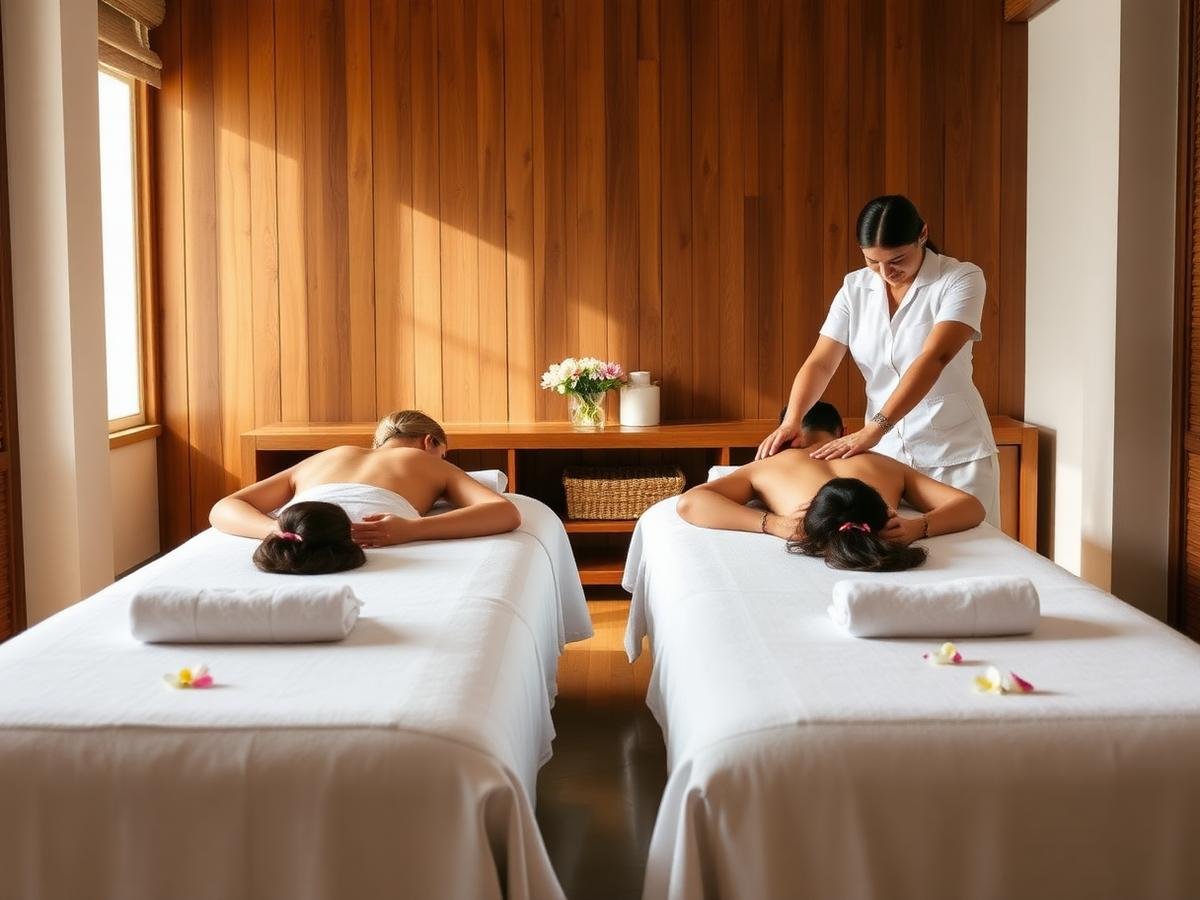 Couple massage in progress on twin massage beds in a teak spa suite in Calangute, Goa