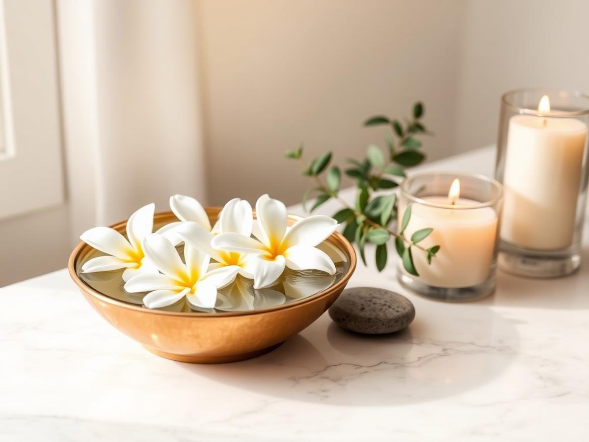 Frangipani flowers floating in a brass bowl with candles and hot stones at a Goa spa