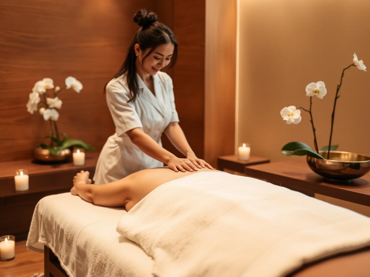 Female therapist giving a full body massage in a private candlelit room at Manisha Happy Ending Spa, Calangute Goa