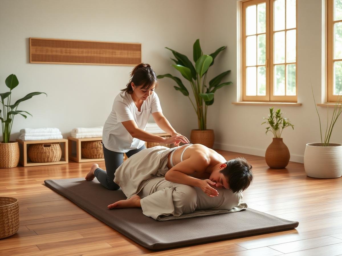 Traditional Thai massage with assisted stretching on a floor mat in a bright Goa studio