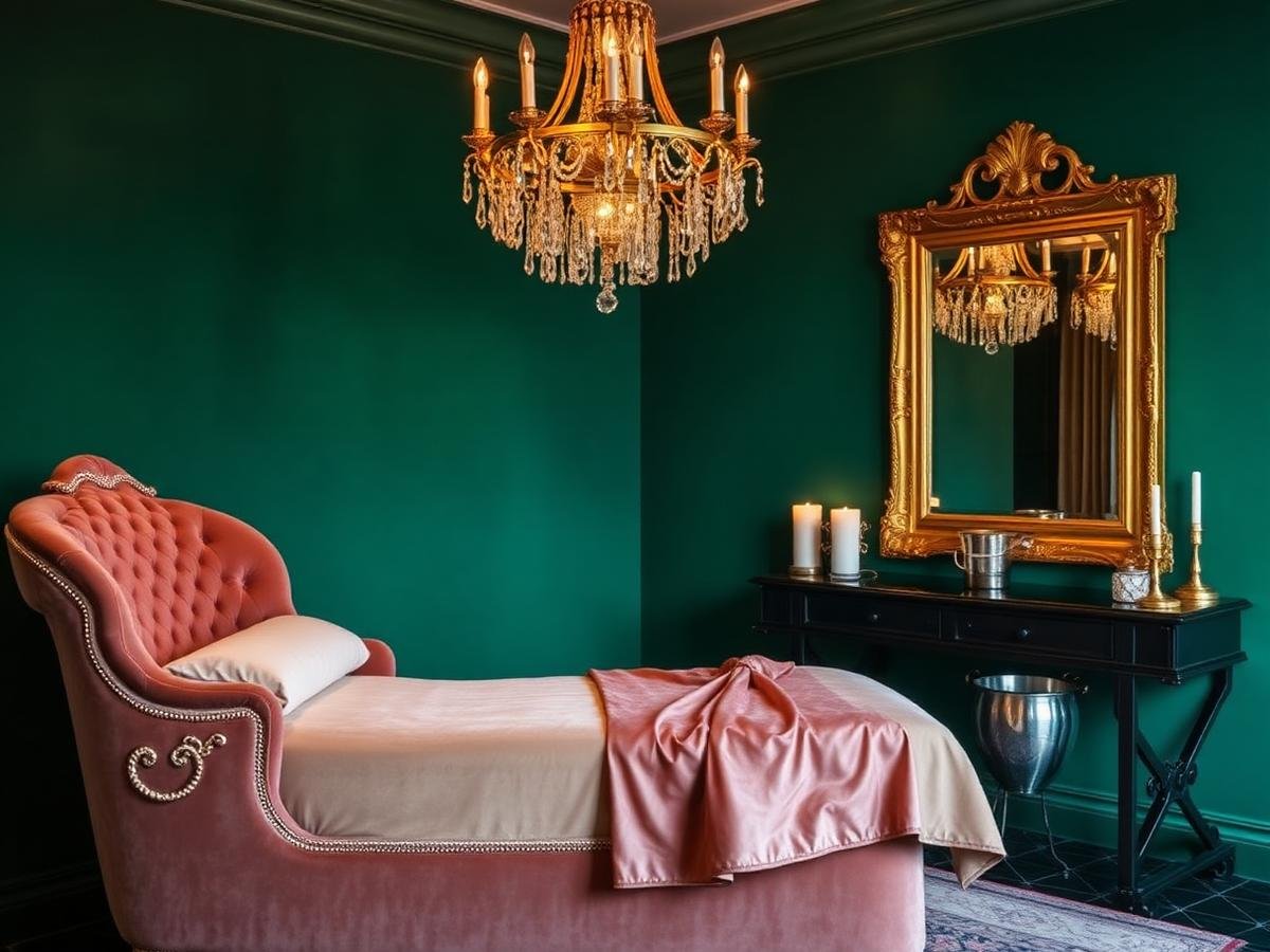 Opulent emerald and gold spa suite prepared for a Russian exotic massage in Calangute, Goa