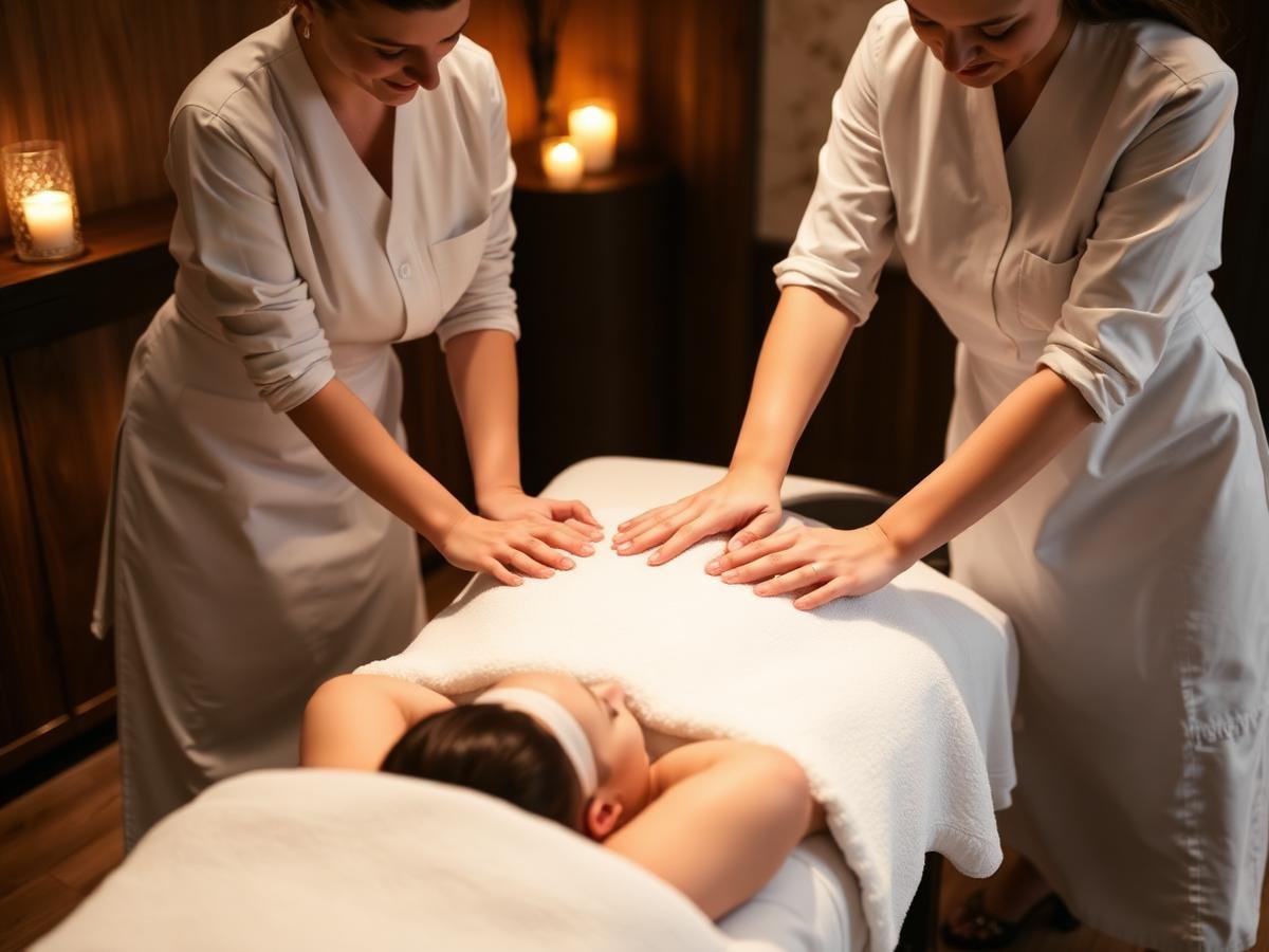 Two therapists working together on one guest during a sandwich massage in a private Goa spa suite