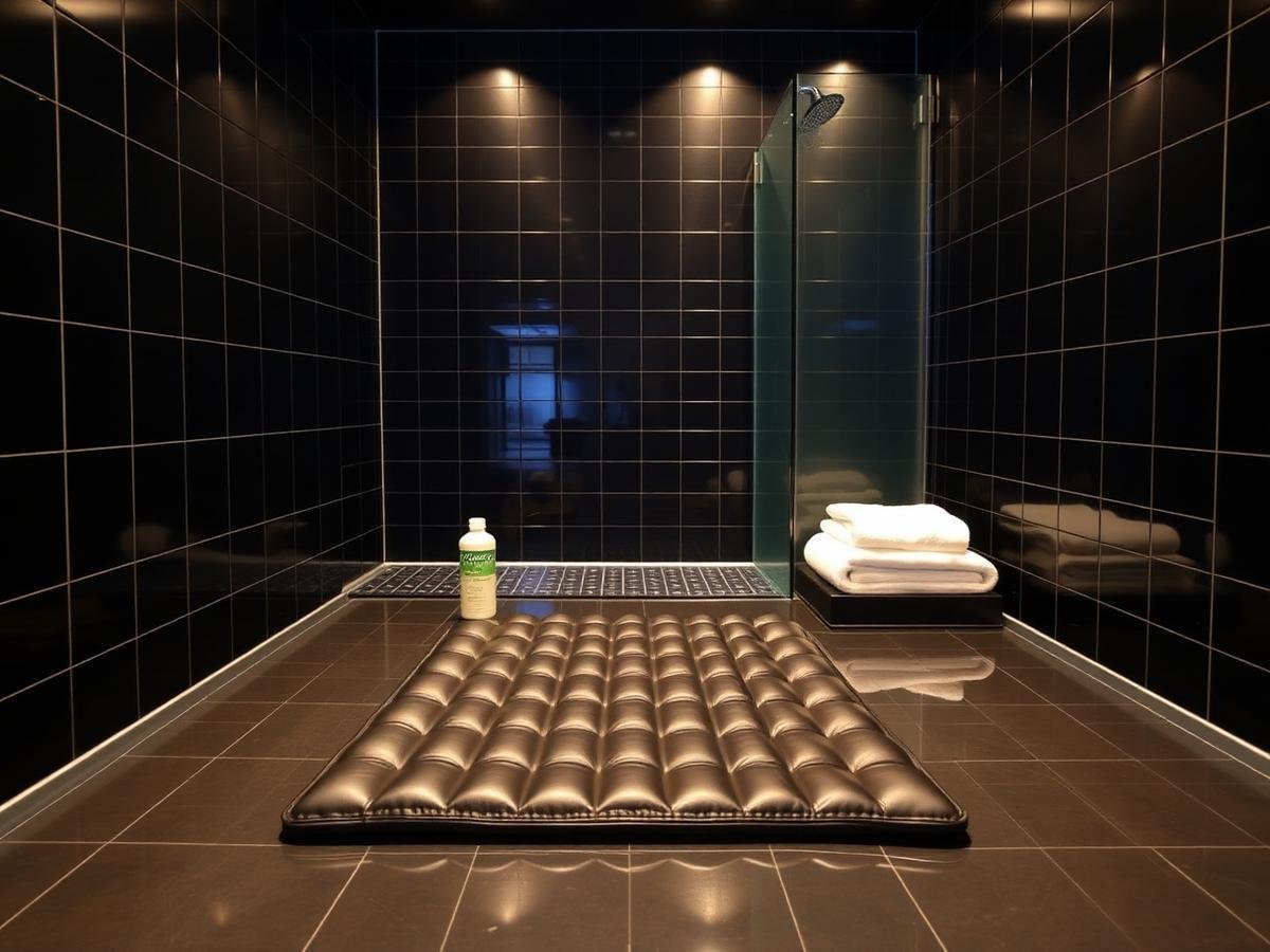 Dark tiled wet room with a cushioned mat and gel prepared for a nuru massage in Calangute, Goa