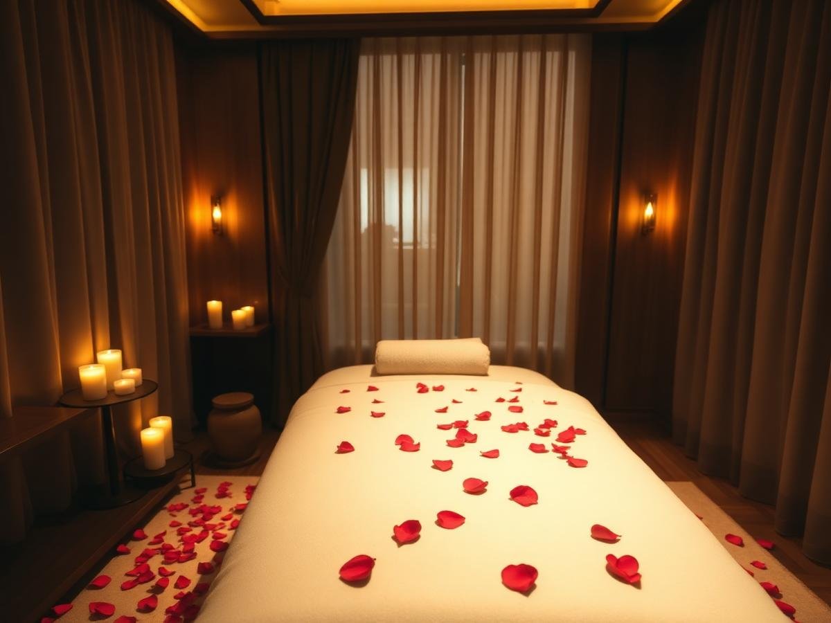 Private candlelit suite with rose petals prepared for a body to body massage in Calangute, Goa